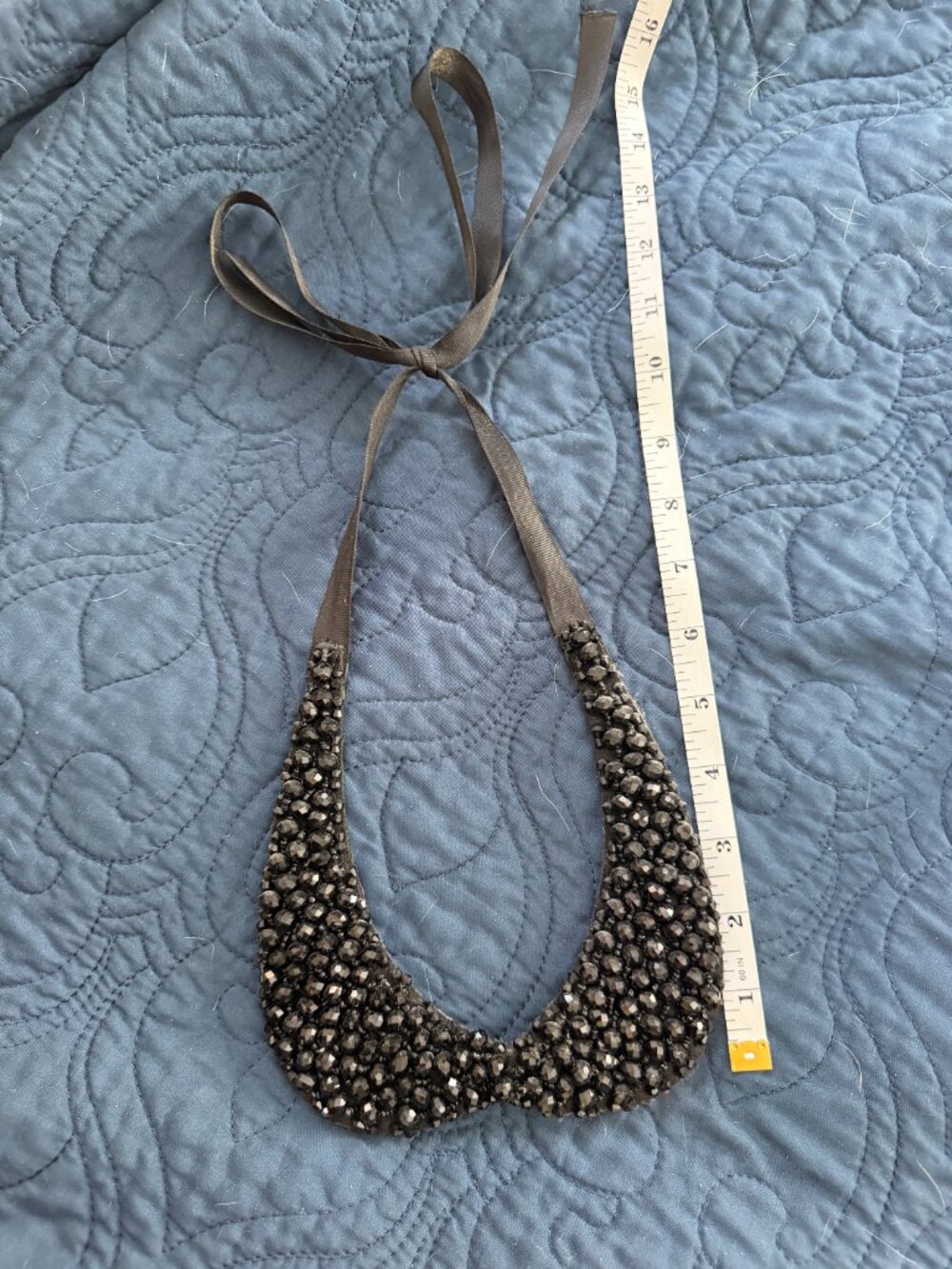 Vintage Black Beaded Bead Bib Collar Necklace with Ribbon Ties